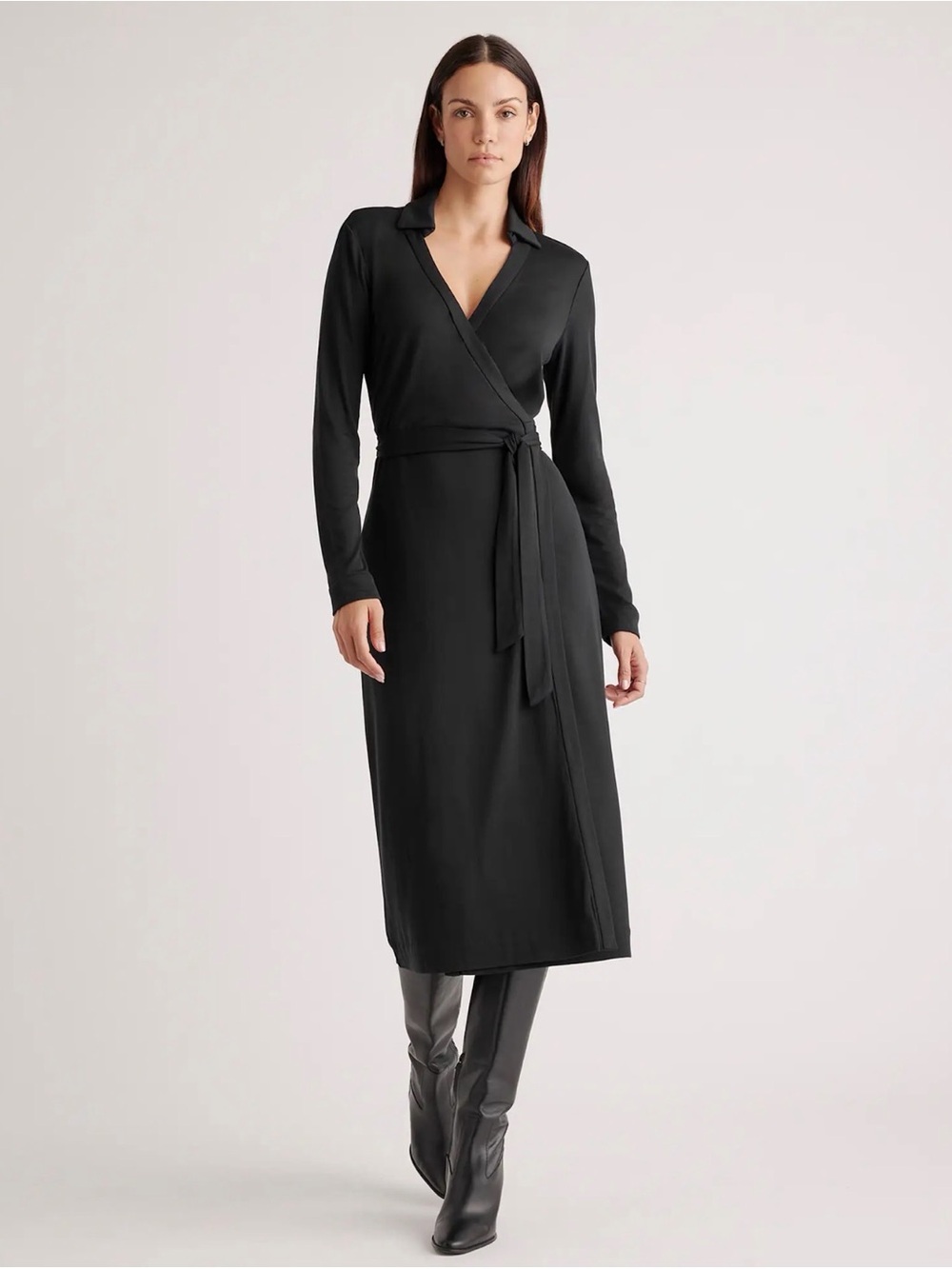Quince Black Long Sleeve Silk Jersey Midi Wrap Dress - Classic Elegance